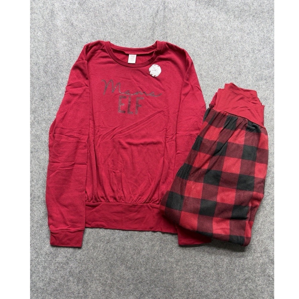 North Pole Trading Pajama Set Womens Large Mama Elf Maternity Plaid Christmas